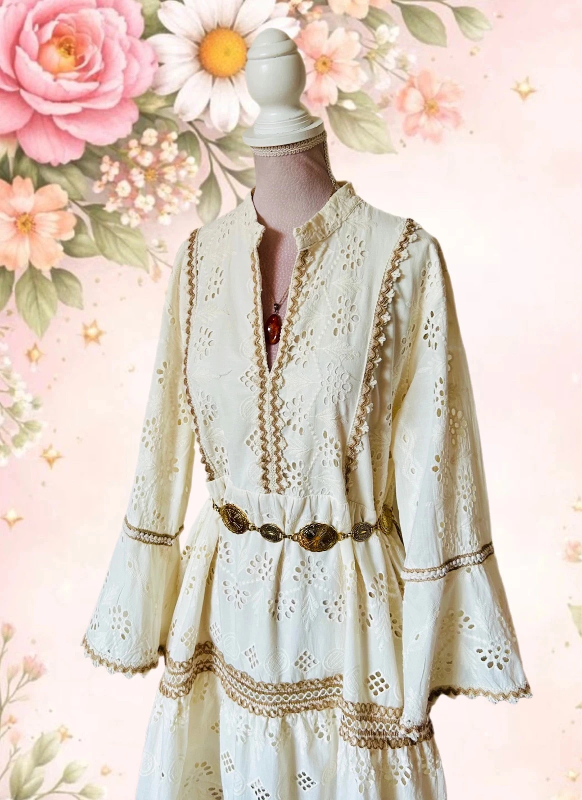 🌾🍃Cotton bohemian cottagecore romantic prairie embroidered dress S/M🌿💐 – photo 2